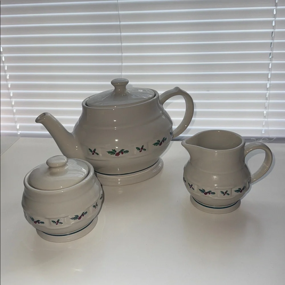 Longaberger Pottery Cream Teapot -Sugar And‎ Cream Set